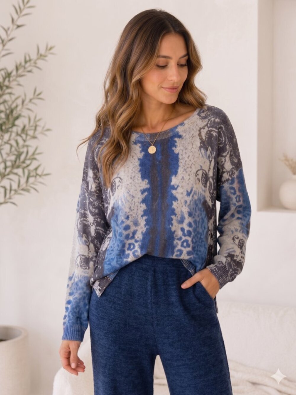 Boho Lightweight Sweater L Blue Abstract Animal Print Metallic Knit Top